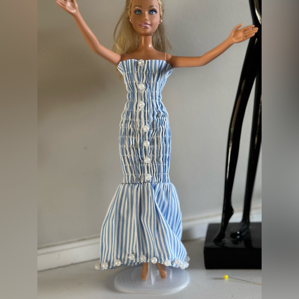 Barbie casual summer Striped Blue and White Doll Dress